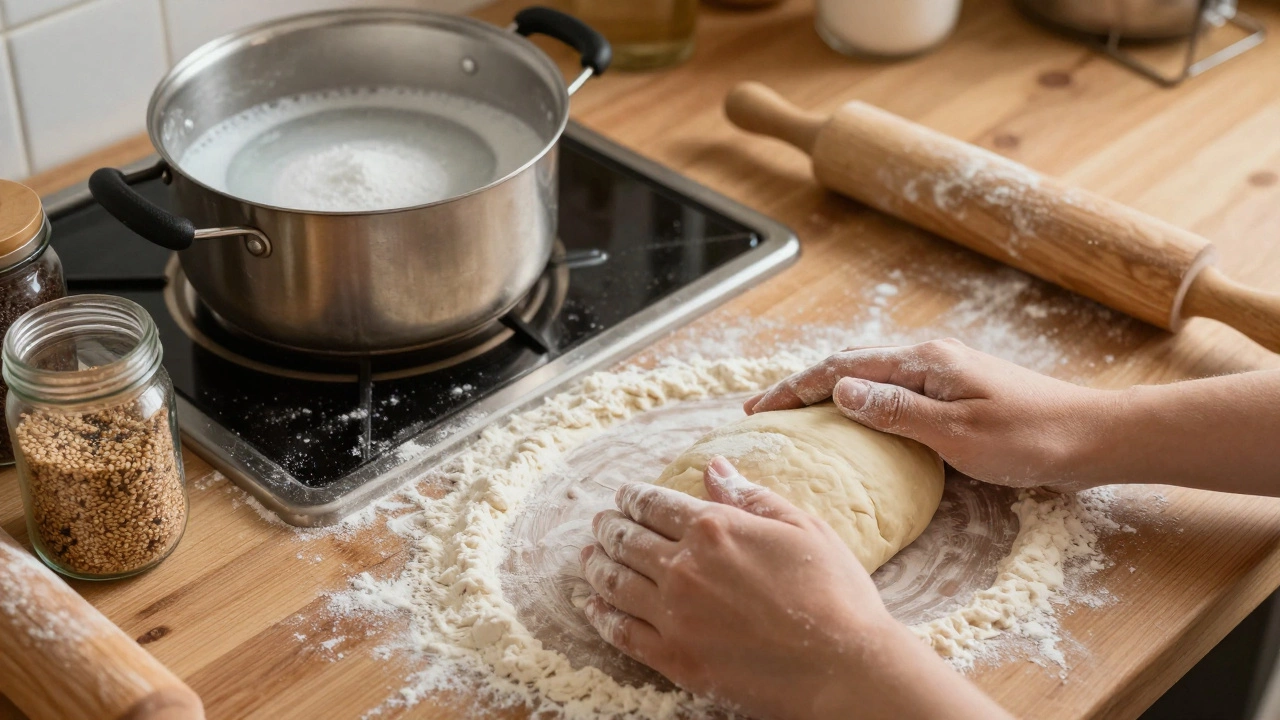 Hands shaping vegan bagel dough in a kitchen, with boiling water and seeds visible in the background.