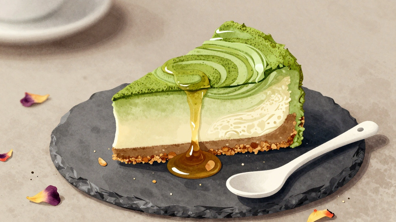 Matcha swirl cheesecake slice with honey drizzle and almond crumbs on slate plate