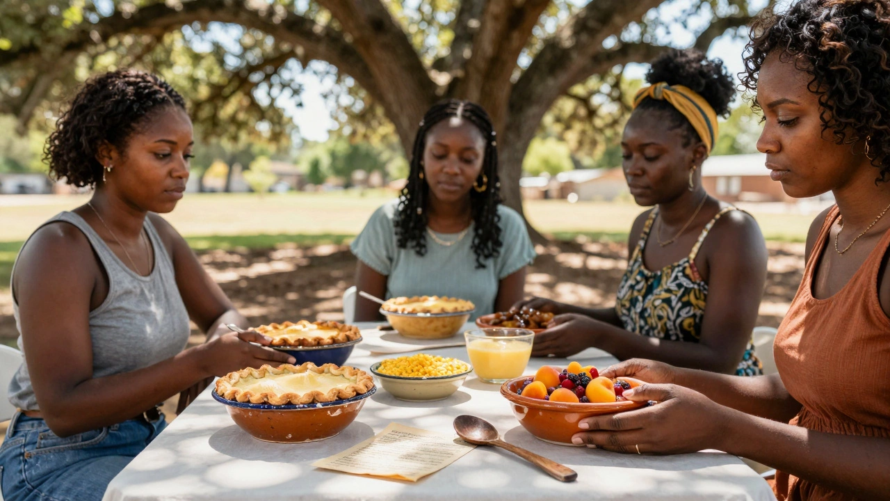 Modern Black women serving traditional desserts at a Juneteenth gathering under a tree.