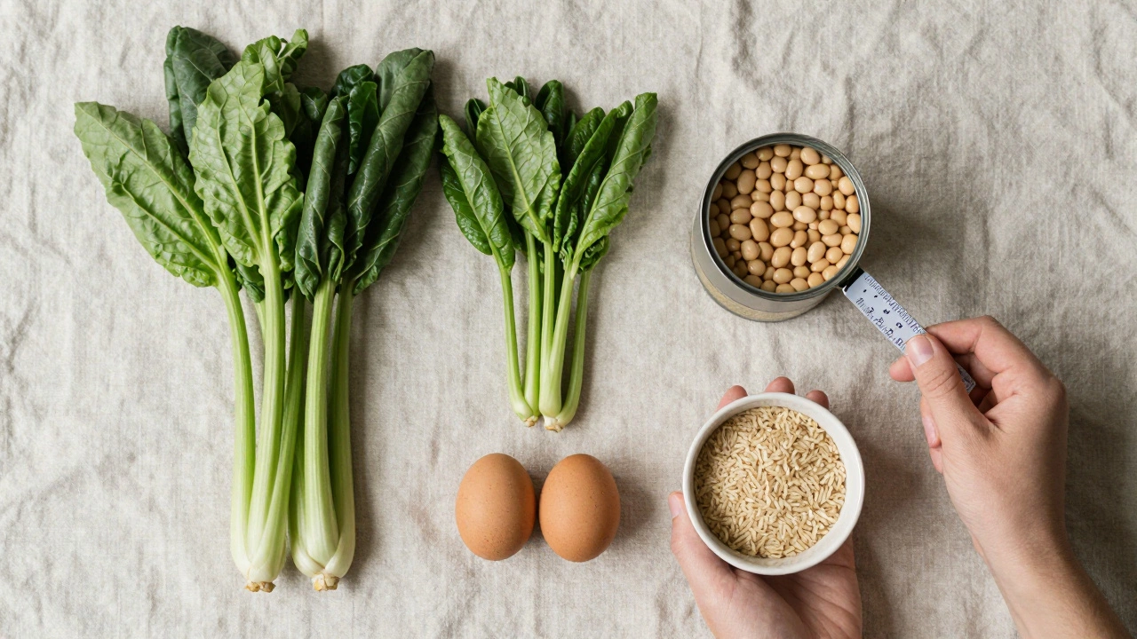 Pantry staples arranged to show the 2-2-2 food rule: veggies, proteins, and whole grain carbs.