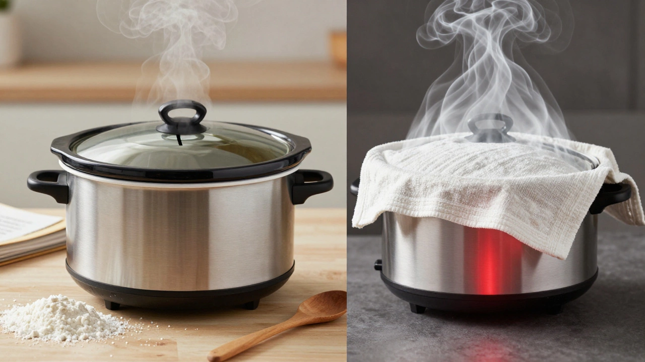 Side-by-side comparison: safe slow cooker with steam venting vs. unsafe with towel blocking lid.
