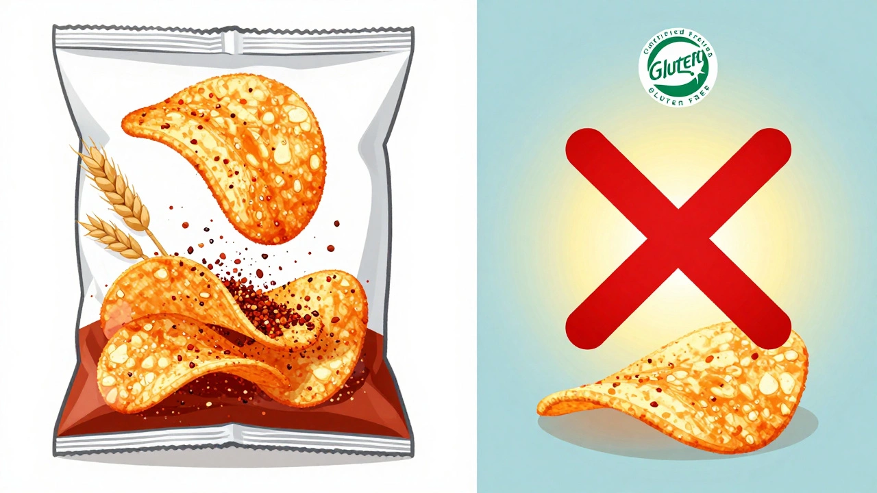 Split image contrasting safe plain chips with flavored chips containing hidden gluten sources.