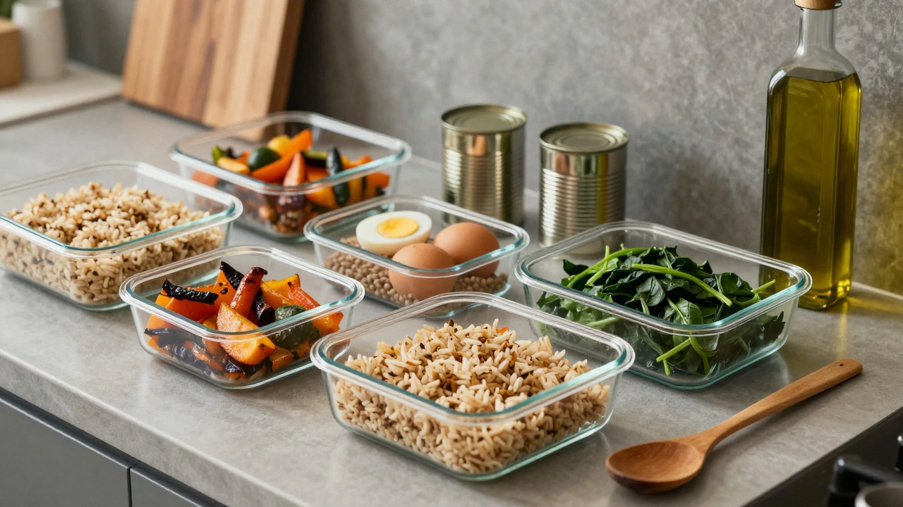 Sunday meal prep containers with cooked grains, veggies, eggs, and lentils on a countertop.