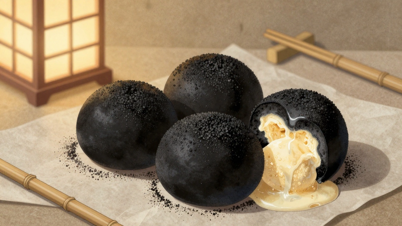 Three black sesame mochi donuts with melting vanilla ice cream beside them