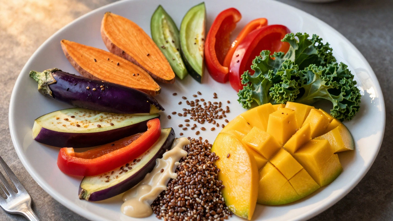 A colorful rainbow plate of plant-based foods arranged in a sunburst pattern.