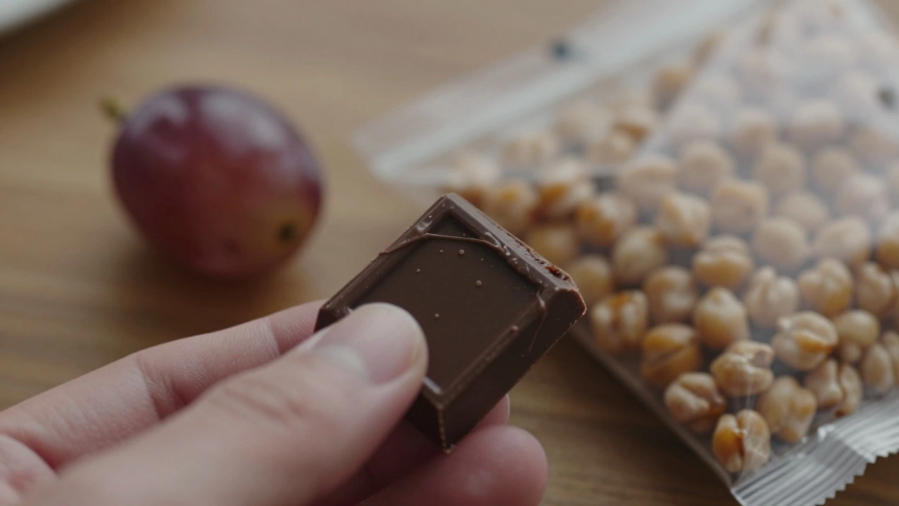A square of melting dark chocolate on a tongue, with a frozen grape nearby.