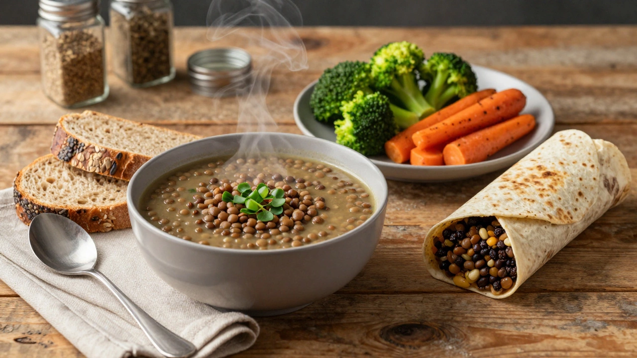 A vegan lunch with lentil soup, whole grain bread, and roasted vegetables.
