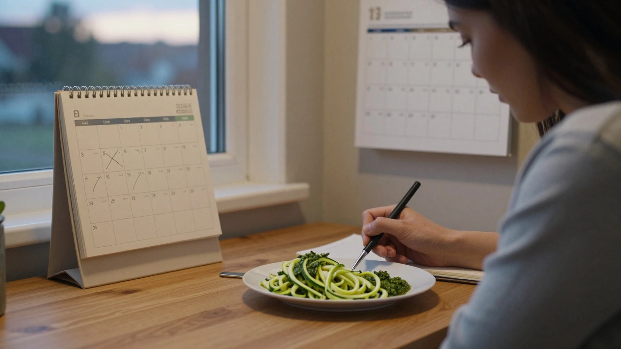 A woman journaling on day seven of a no-carb diet, with zucchini noodles and a calendar in view.