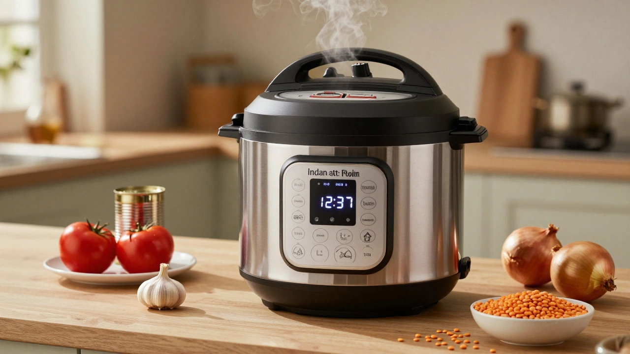 An Instant Pot releasing steam with cooking presets glowing, surrounded by simple ingredients like tomatoes and lentils.