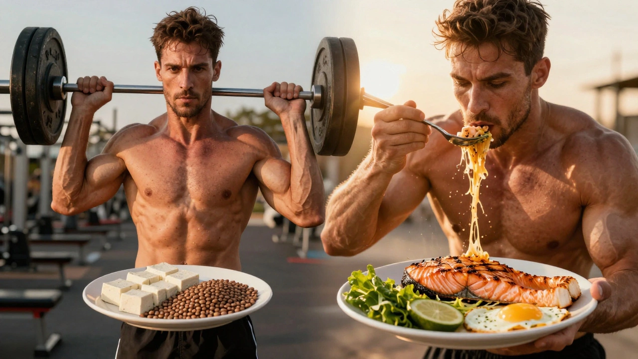 Athlete comparing plant-only diet to omnivorous meal with visible energy difference.