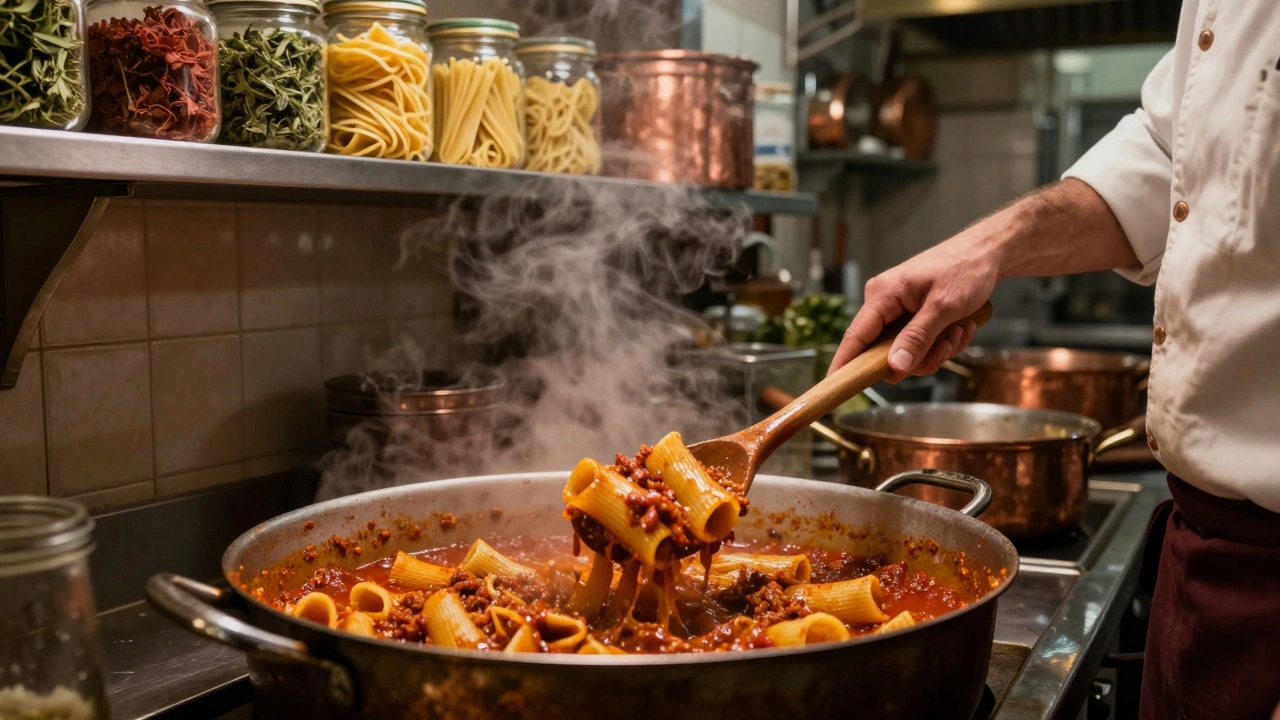 Chef tossing rigatoni in a rich ragù sauce in a traditional Italian kitchen with copper pots and rustic tiles.