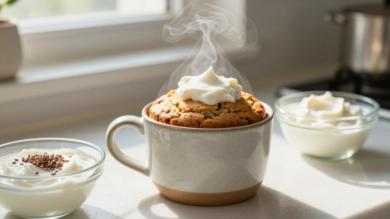 Coconut flour mug cake steaming in a ceramic mug with Greek yogurt and flaxseeds.