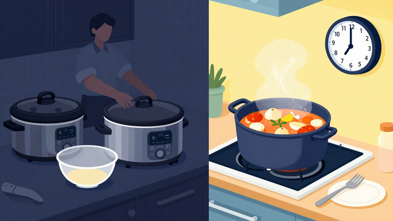 Contrasting scenes: left shows a slow cooker running in empty kitchen, right shows a vibrant one-pot meal ready at 6:15 p.m.