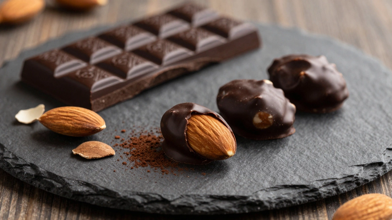 Dark chocolate-covered almonds on a slate plate with 85% dark chocolate bar.