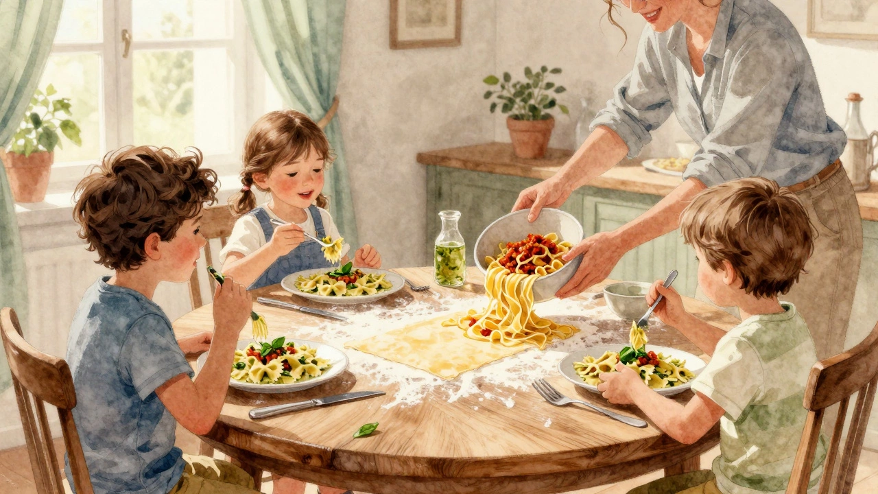 Family eating farfalle and tagliatelle at dinner, with fresh pasta on the wooden table and sunlight streaming through curtains.