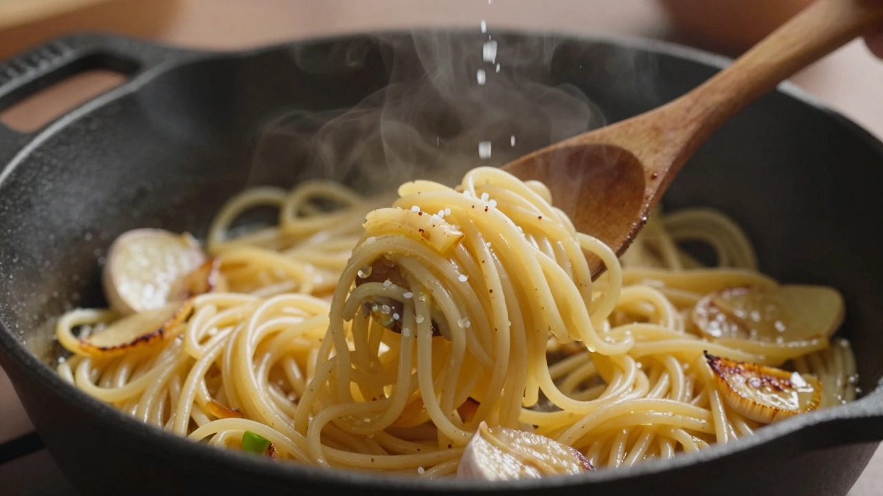 Golden butter-coated pasta being tossed in a skillet with toasted garlic cloves, steam rising gently.