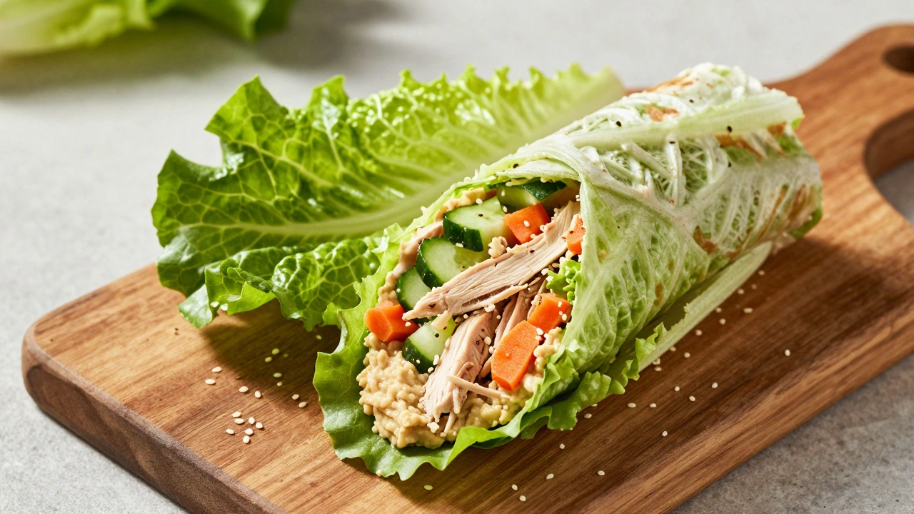 Lettuce wraps filled with chicken, hummus, and vegetables on a wooden board.