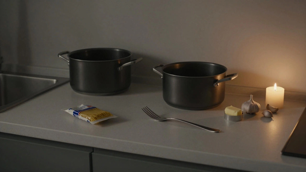 Minimalist kitchen counter with pasta, butter, and garlic cloves beside a lit candle at night.