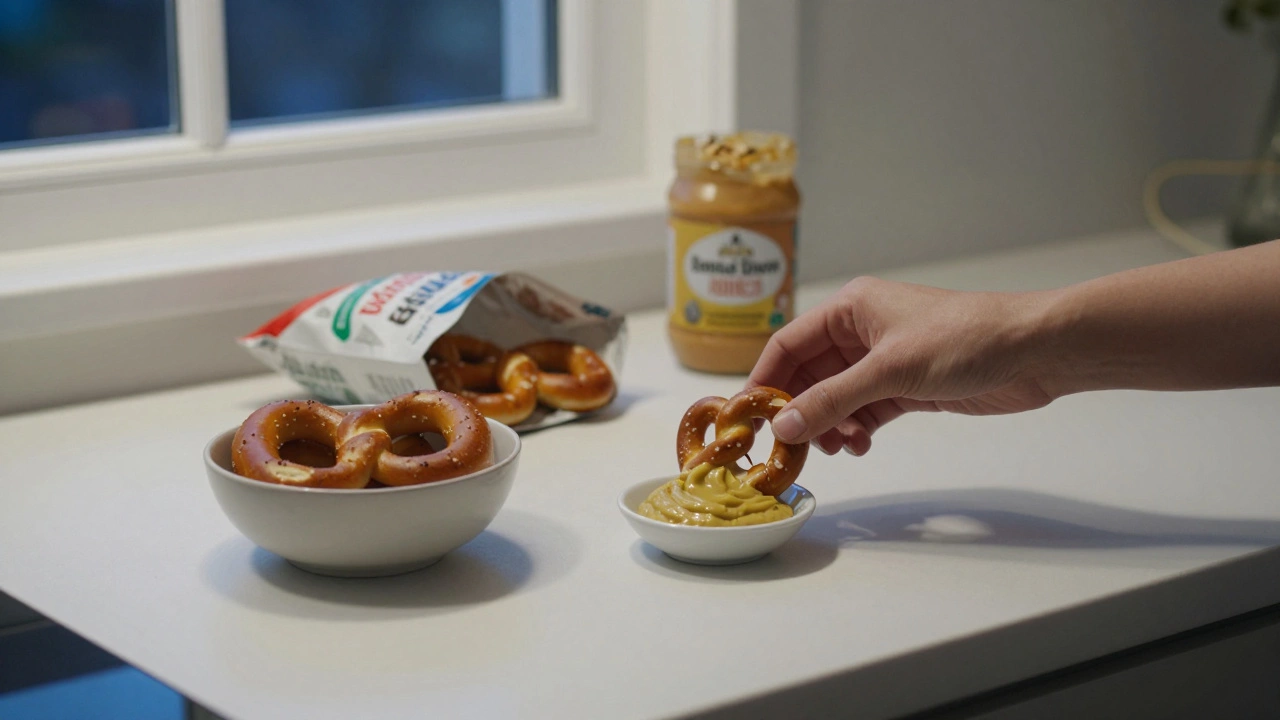 Pretzels and mustard on a counter at night, a hand dipping one without looking.