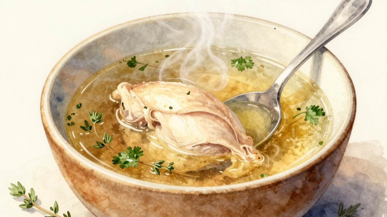 Steaming chicken broth bowl with herbs on wooden table.
