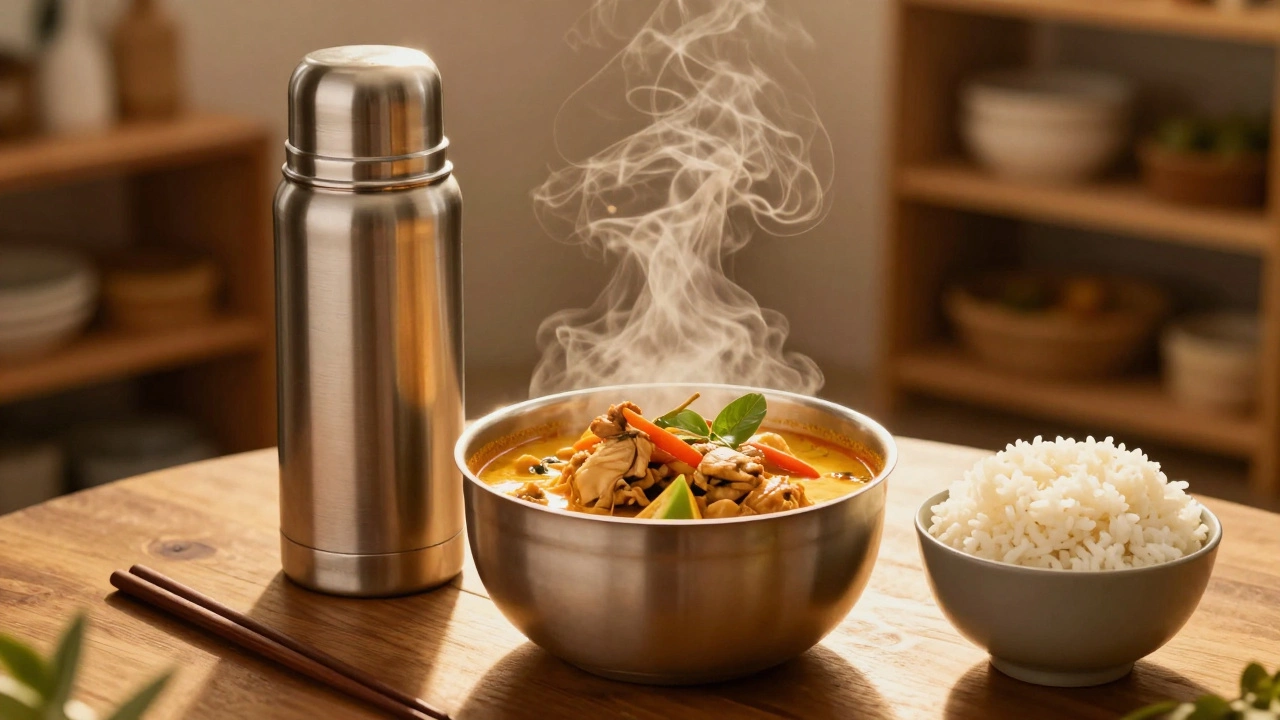 Thermos pouring steaming Thai coconut curry with chicken and vegetables.