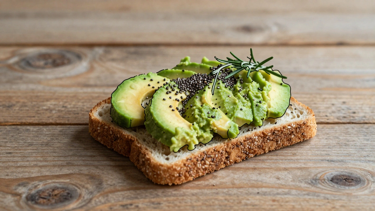 Whole grain toast with mashed avocado and chia seeds.