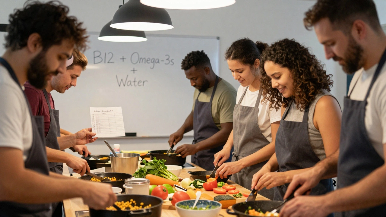A cooking class in progress with people preparing plant-based meals, surrounded by fresh ingredients and a health-focused whiteboard.