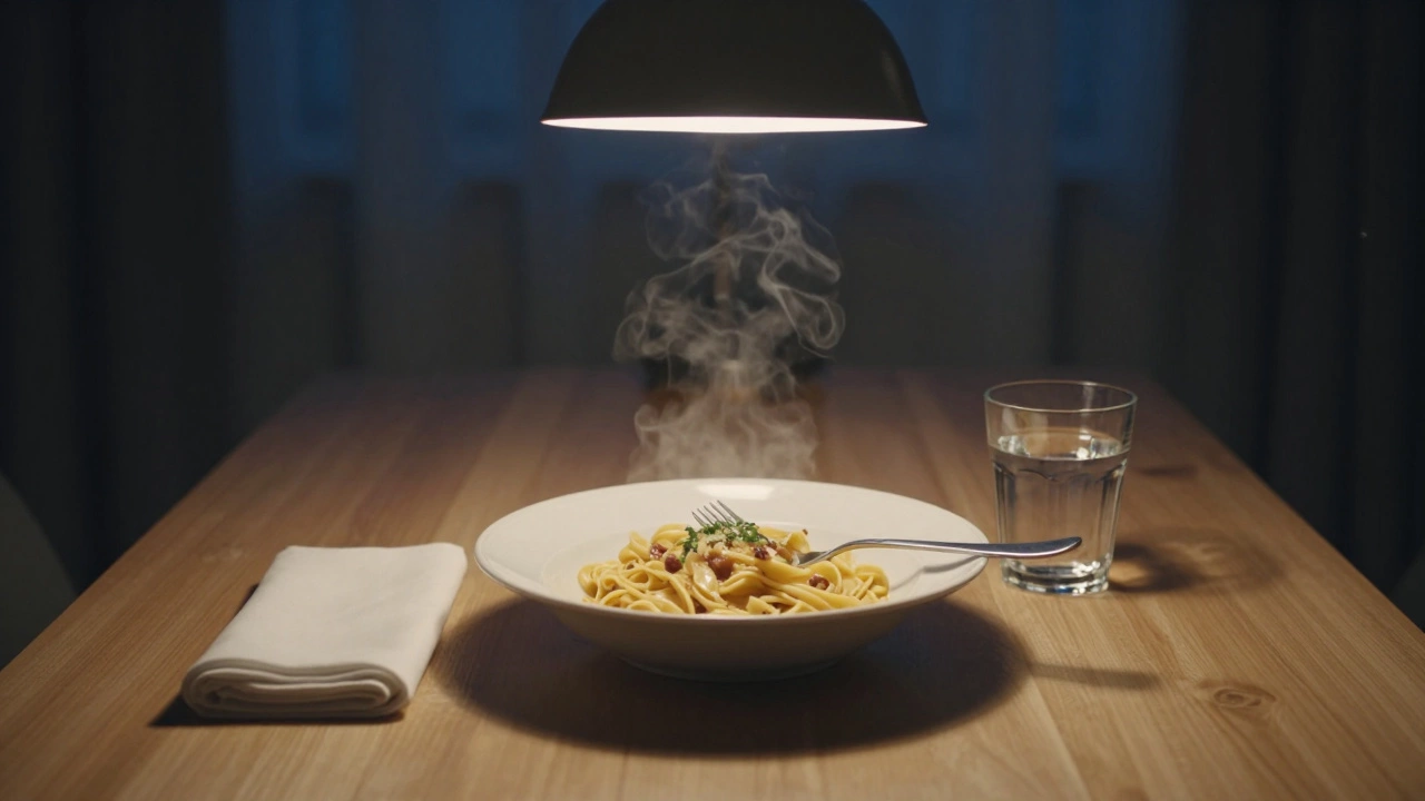 A lone steaming bowl of pasta on a quiet dining table, lit by a single lamp at night.