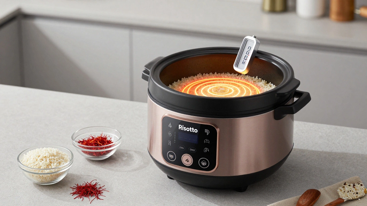 A modern smart slow cooker with digital display and even heat distribution, cooking risotto precisely.