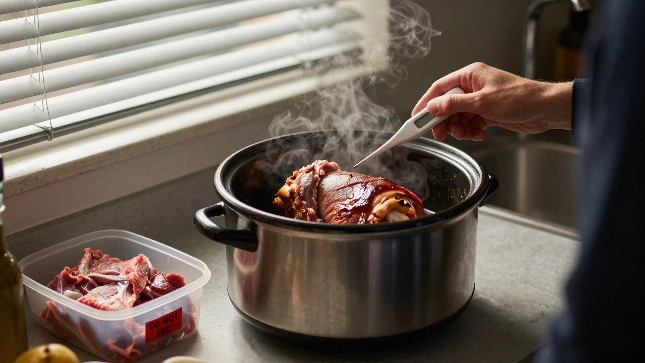 A person checking the temperature of cooked meat in a crockpot at dawn, with raw meat discarded nearby as a warning.
