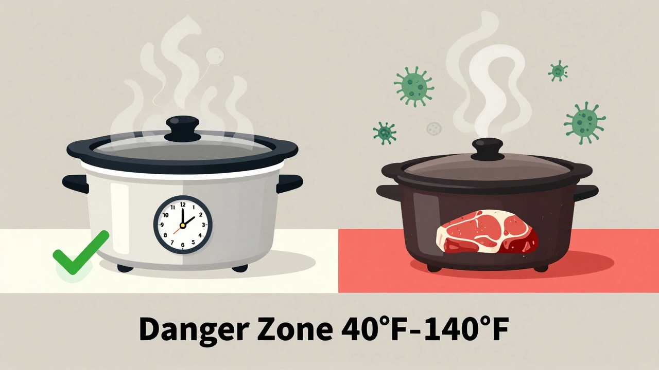 A split-image showing a safe slow cooker on one side and unsafe raw meat left overnight on the other, with danger zone indicators.