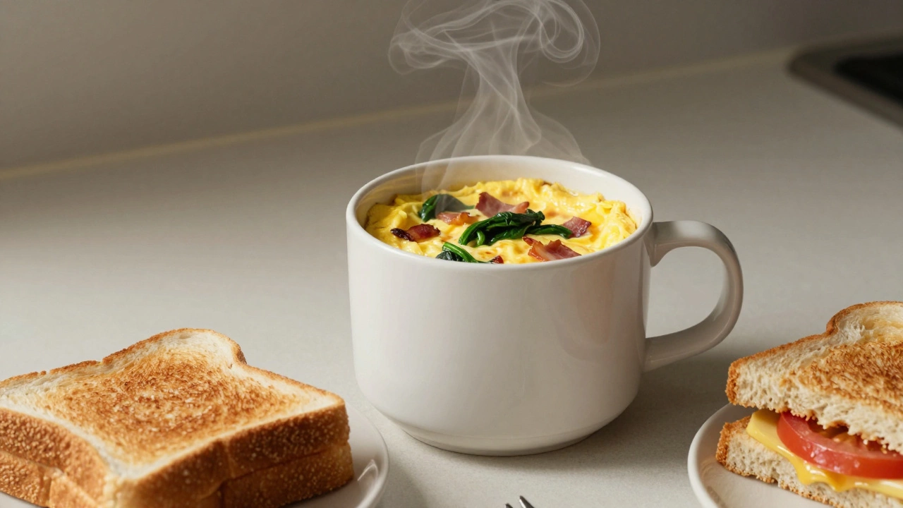 A steaming microwave omelette in a mug beside a grilled cheese sandwich with tomato.