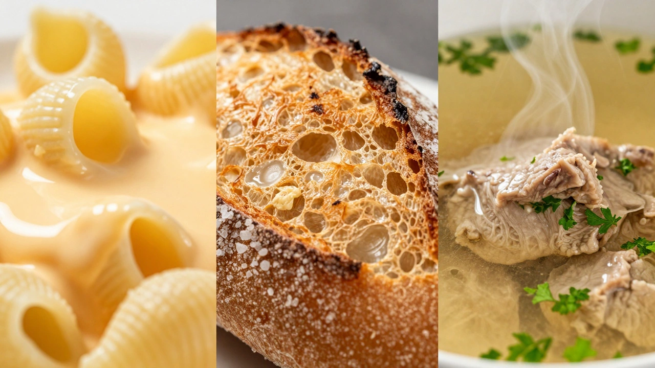 Close up of cheesy pasta, crispy bread, and clear soup broth.