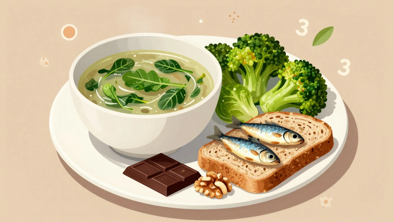 Diverse plate of whole foods including greens, broccoli, chocolate, sardines, and whole grains.