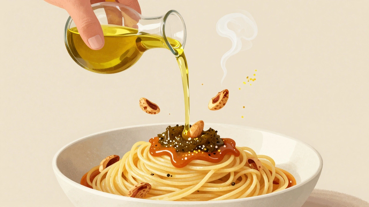 Hand pouring olive oil over pasta with floating flavor elements like lemon and garlic.