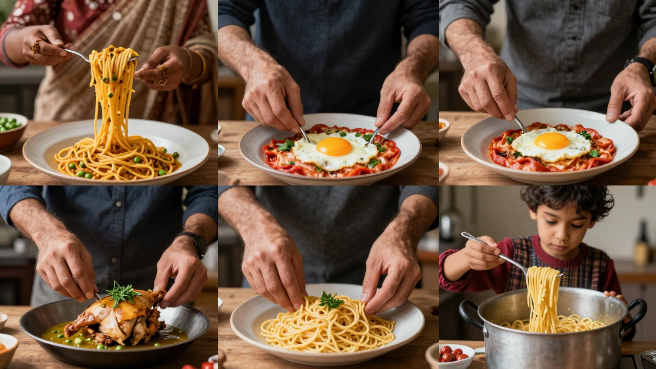 Hands from different cultures preparing pasta, showing global variations in a warm, soft-focus setting.