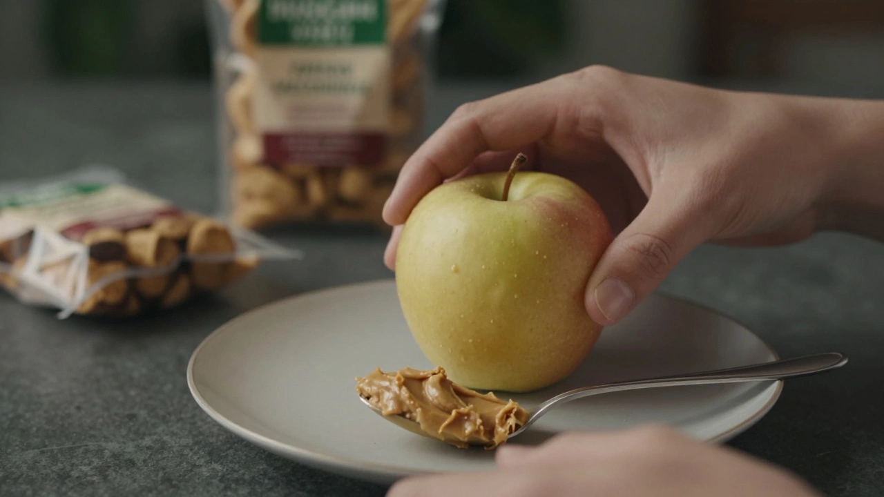 Hands placing an apple and peanut butter on a plate, symbolizing mindful vegan eating.