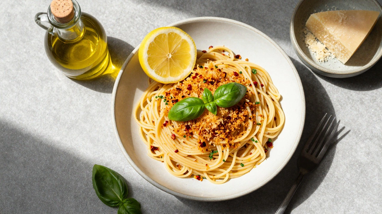 Pasta with toasted breadcrumbs, lemon, and herbs under soft sunlight.