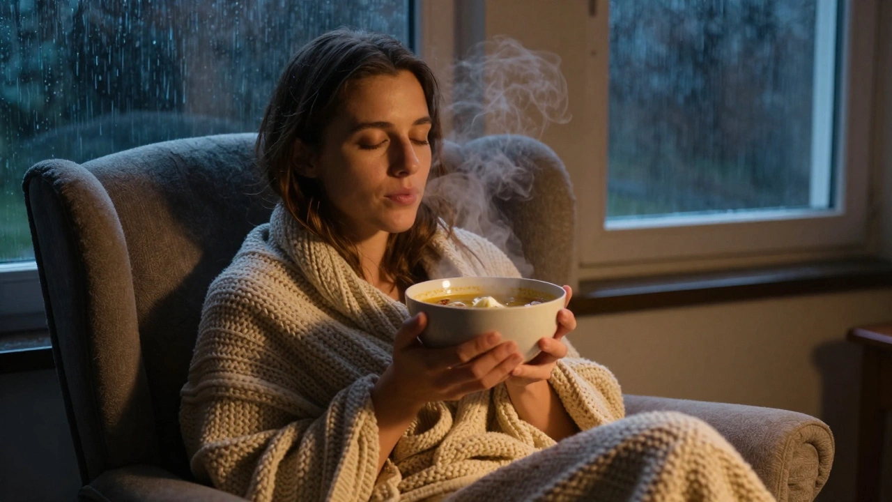 Person relaxing indoors eating hot soup while rain falls outside.