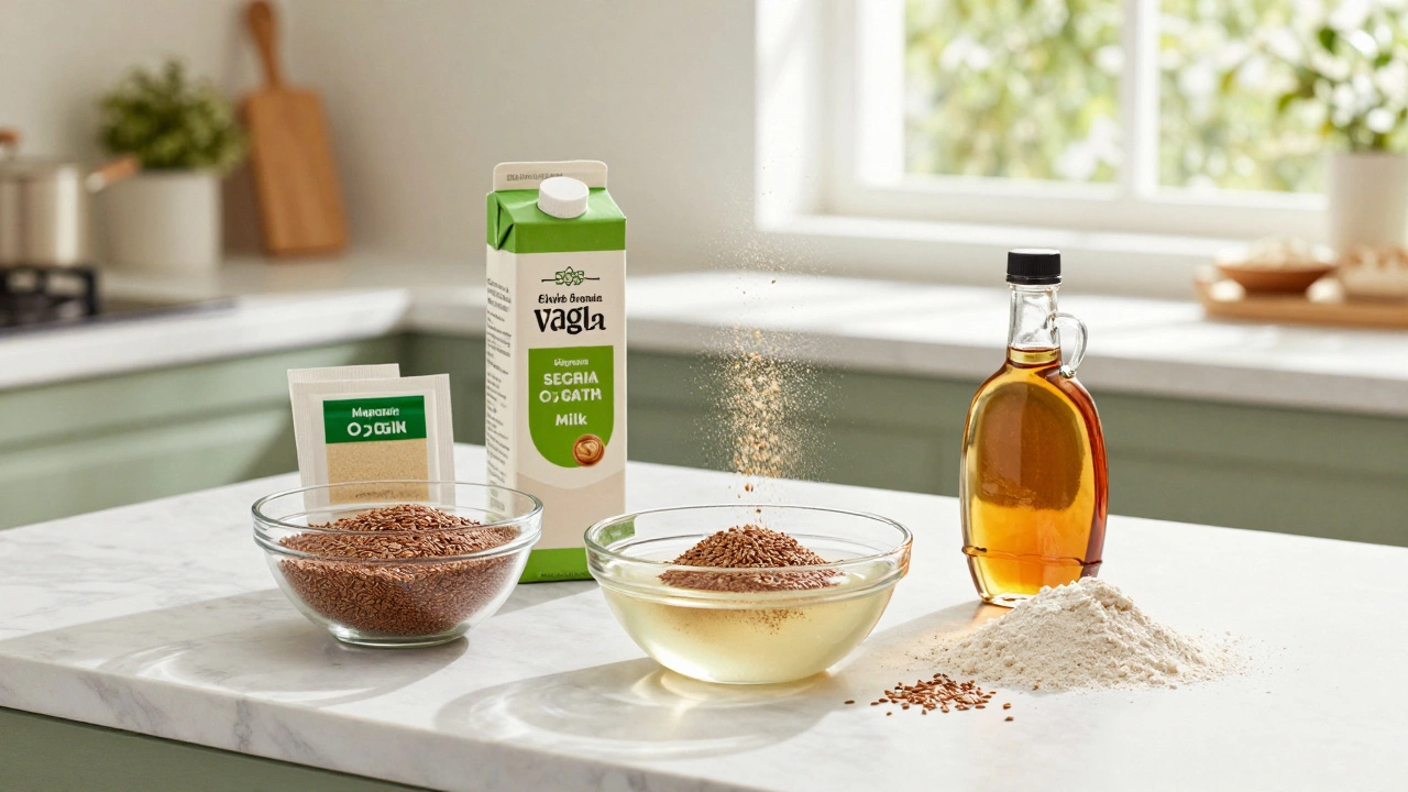 Plant-based baking ingredients including flax eggs and oat milk