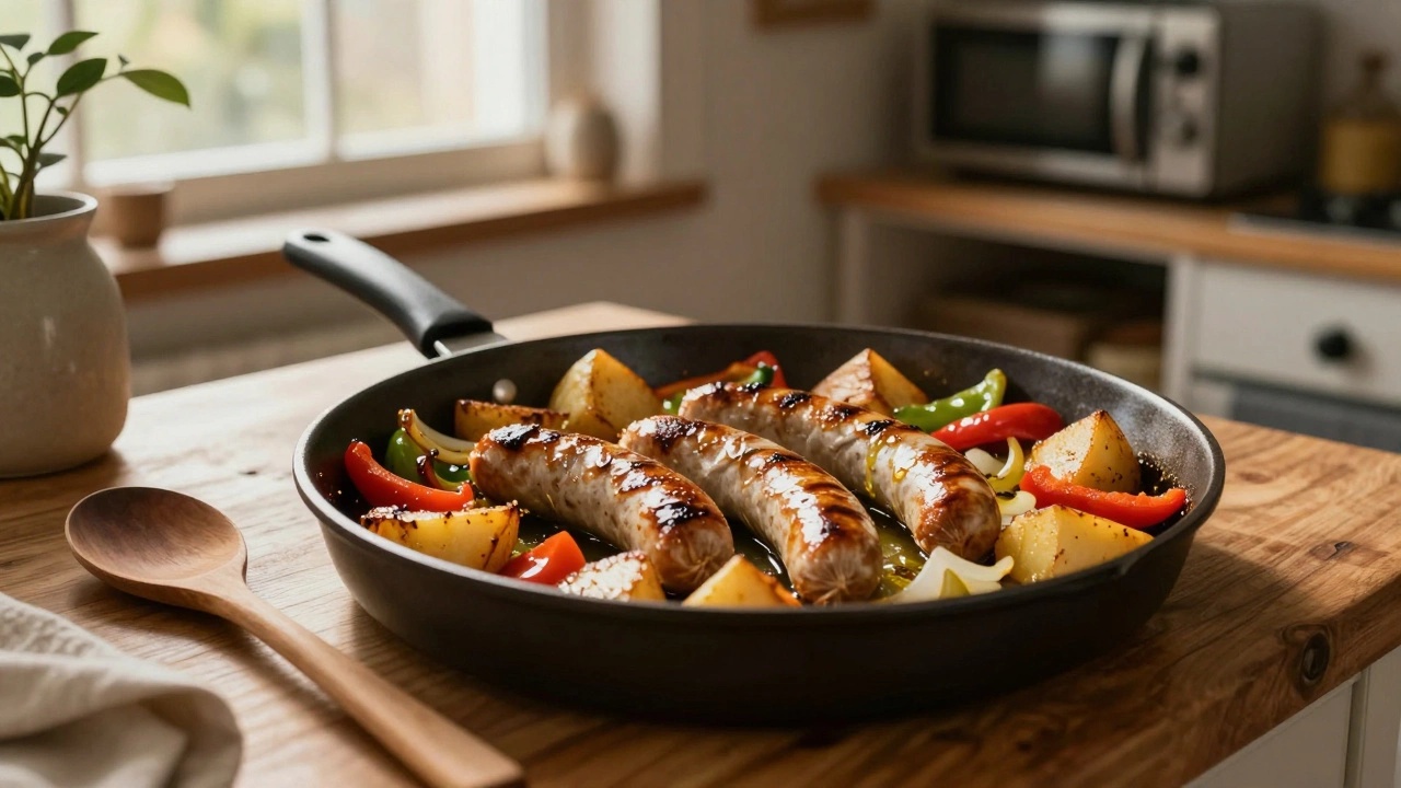 Sausages and roasted vegetables cooking together on a single baking tray in a kitchen.