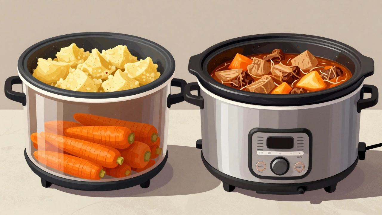 Side-by-side comparison: uneven cooking in old Crockpot vs. even cooking in modern slow cooker.