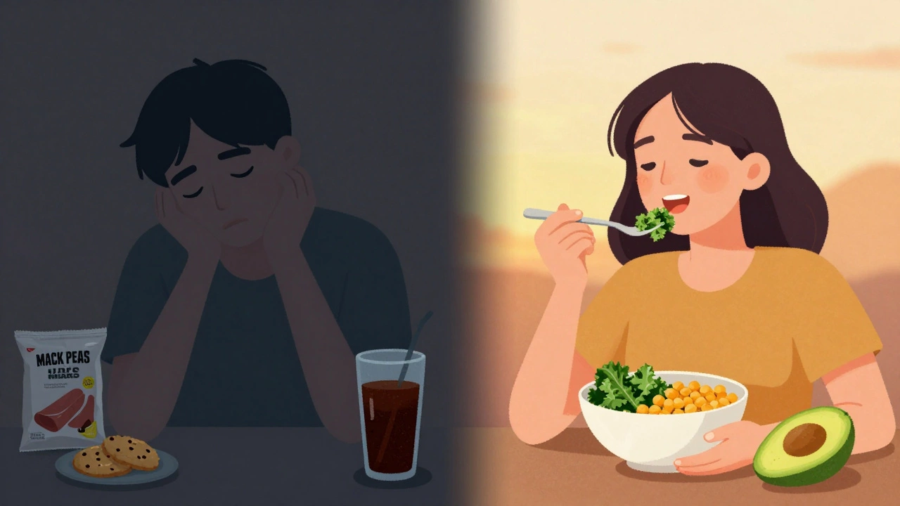 Split image: one side shows a tired person with processed vegan junk food, the other shows a glowing person eating whole plant foods.