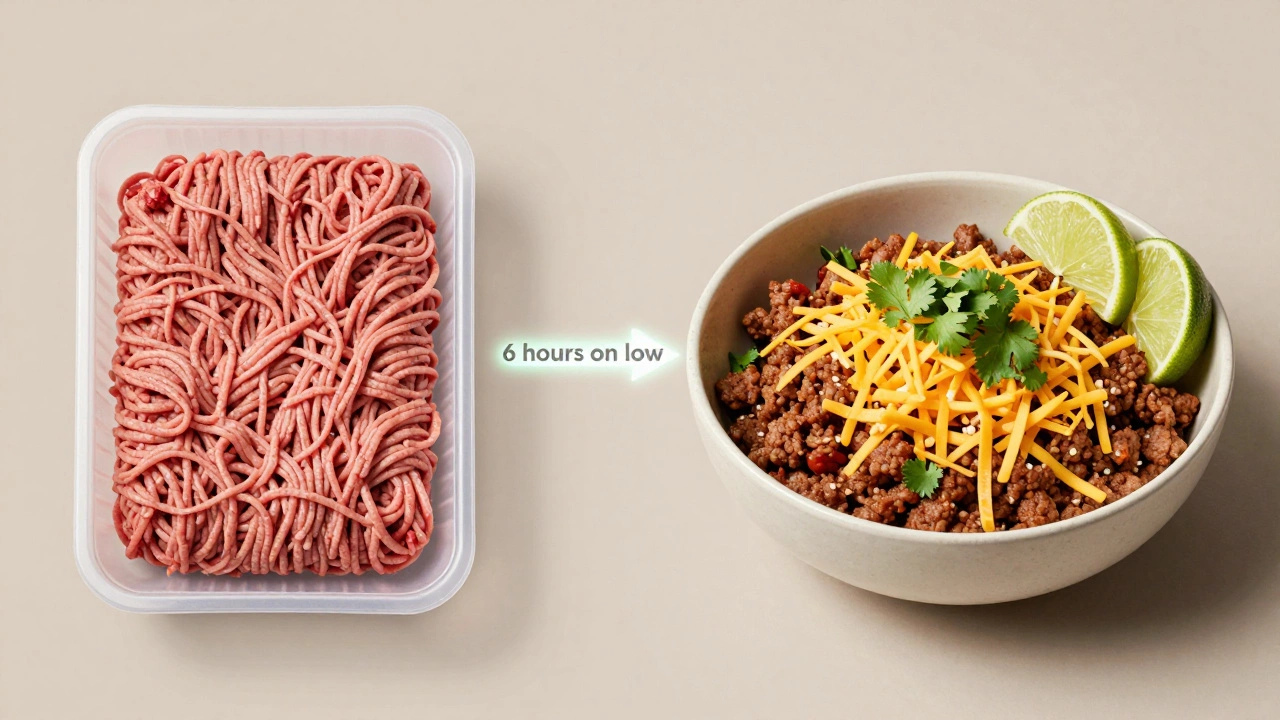 Split image showing raw beef transforming into taco filling after slow cooking.