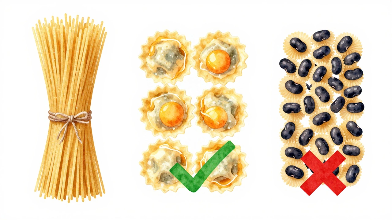 Three pasta types side by side: vegan dried, non-vegan fresh with egg, and nutrient-rich black bean pasta.