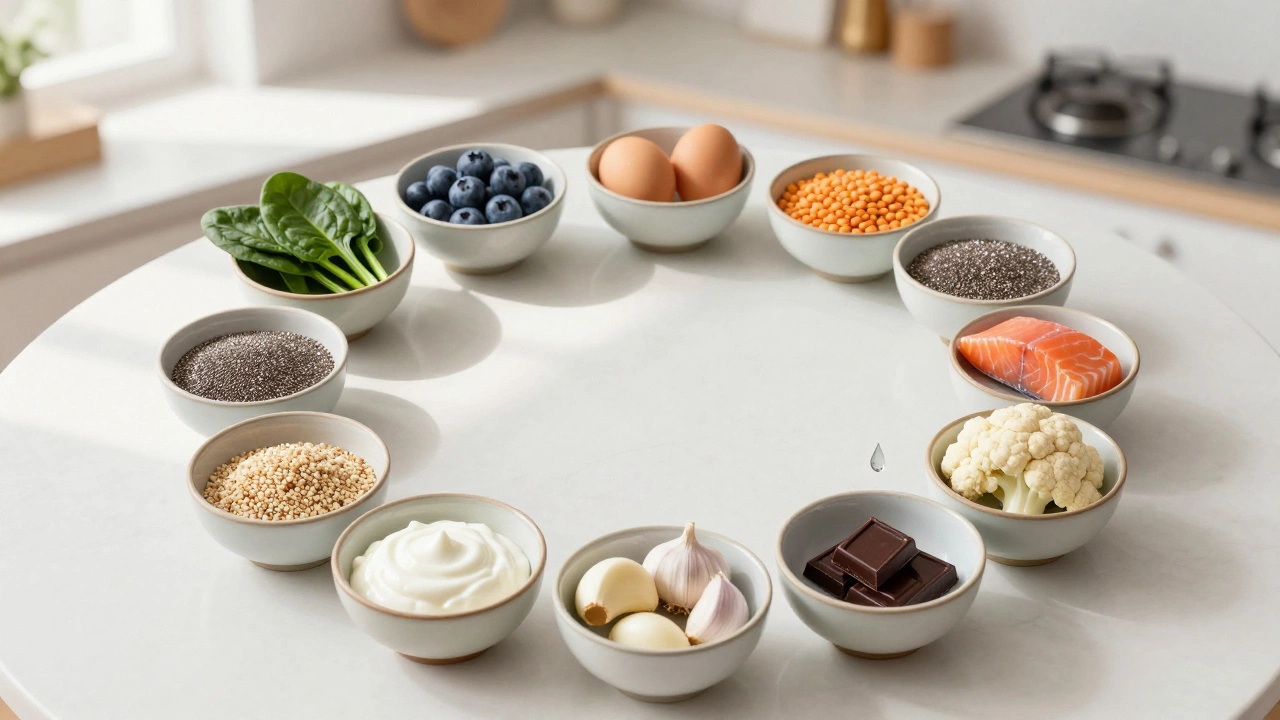 Twelve small bowls arranged in a circle, each holding one of the twelve daily healthy foods.