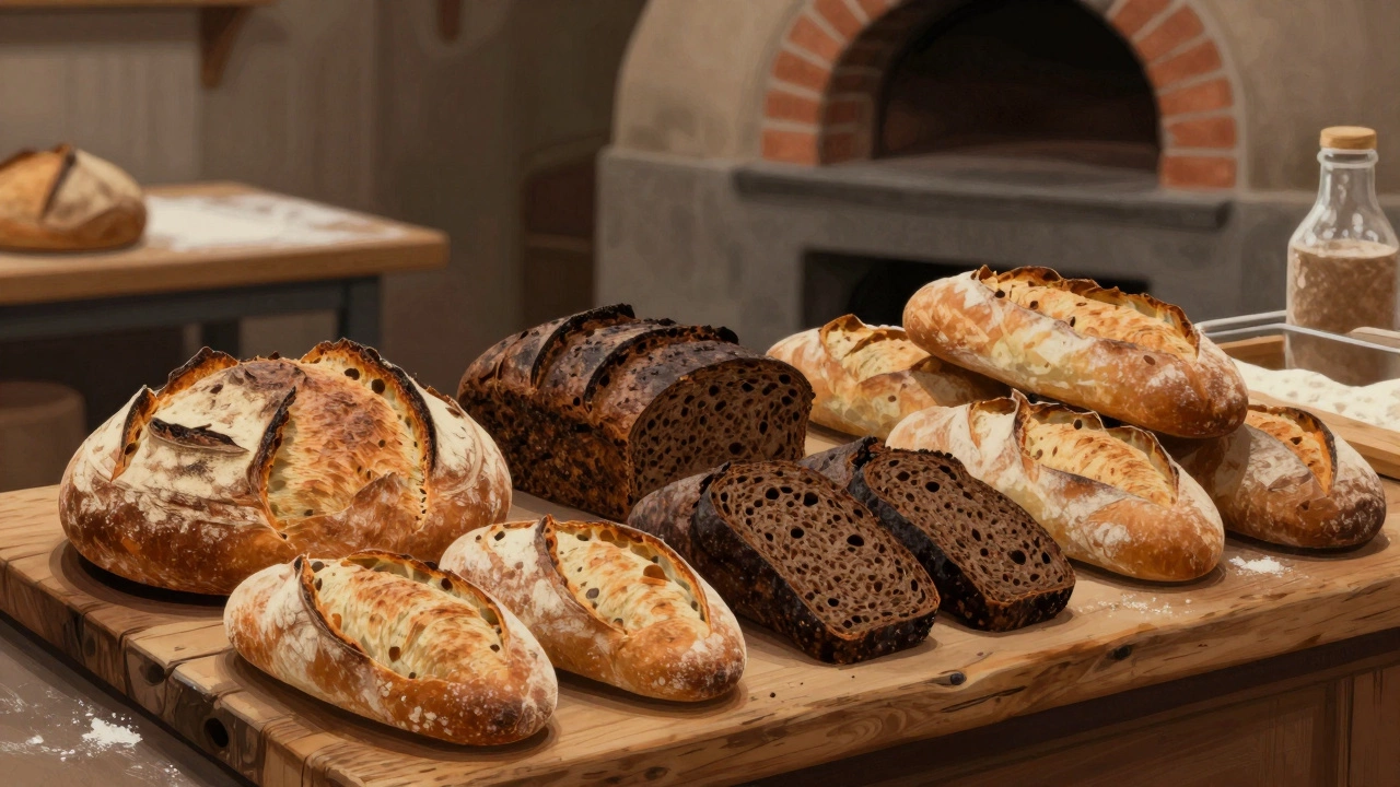 Variety of artisan breads including sourdough and rye on wooden board