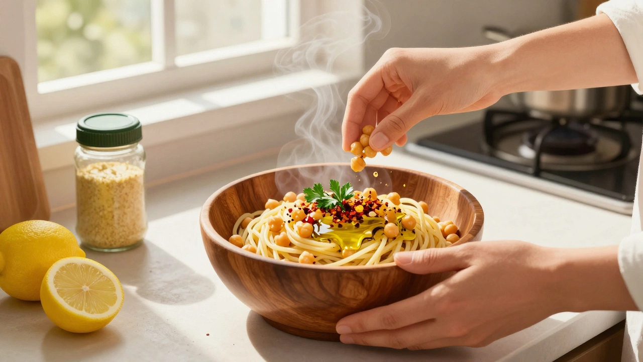 Vegan pasta tossed in garlic oil with parsley, lemon, and nutritional yeast on a wooden counter.
