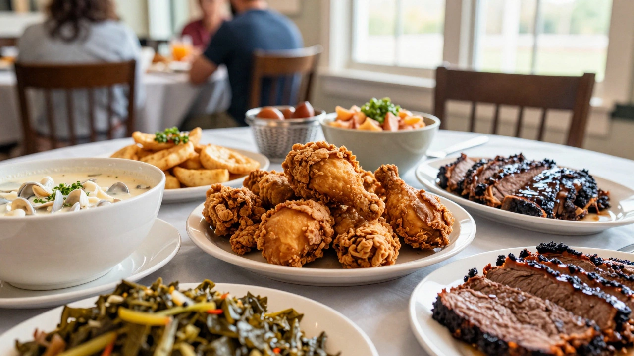 A diverse regional American feast featuring fried chicken, collard greens, clam chowder, and brisket.