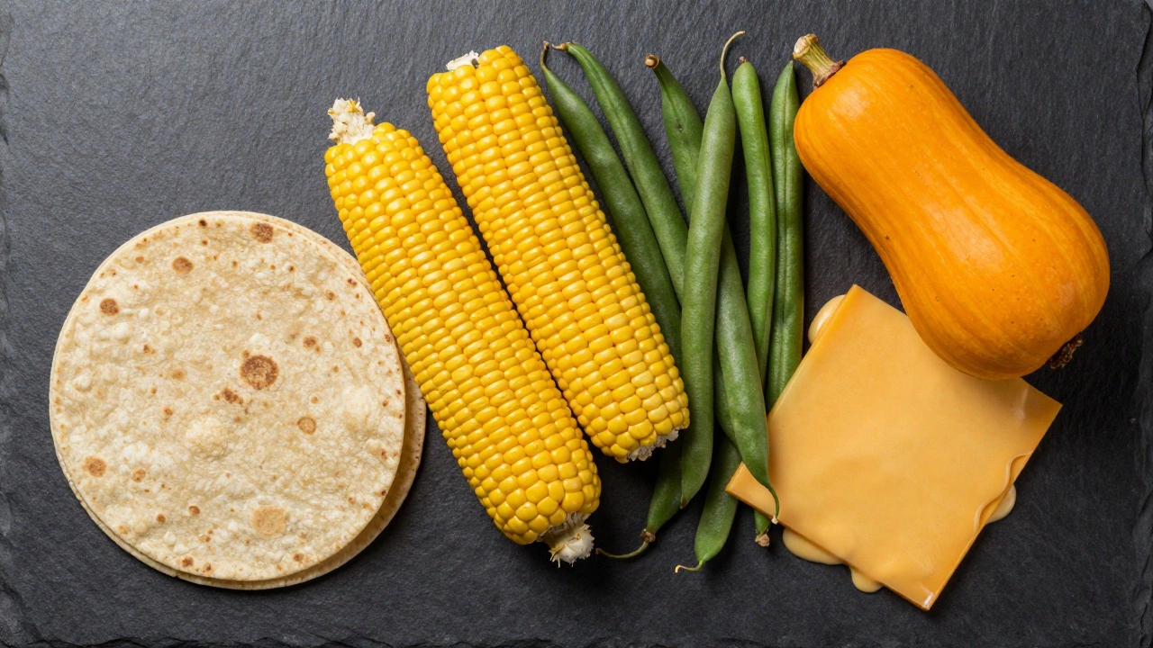 An artistic arrangement of corn, beans, squash, and flour tortillas on a dark background.